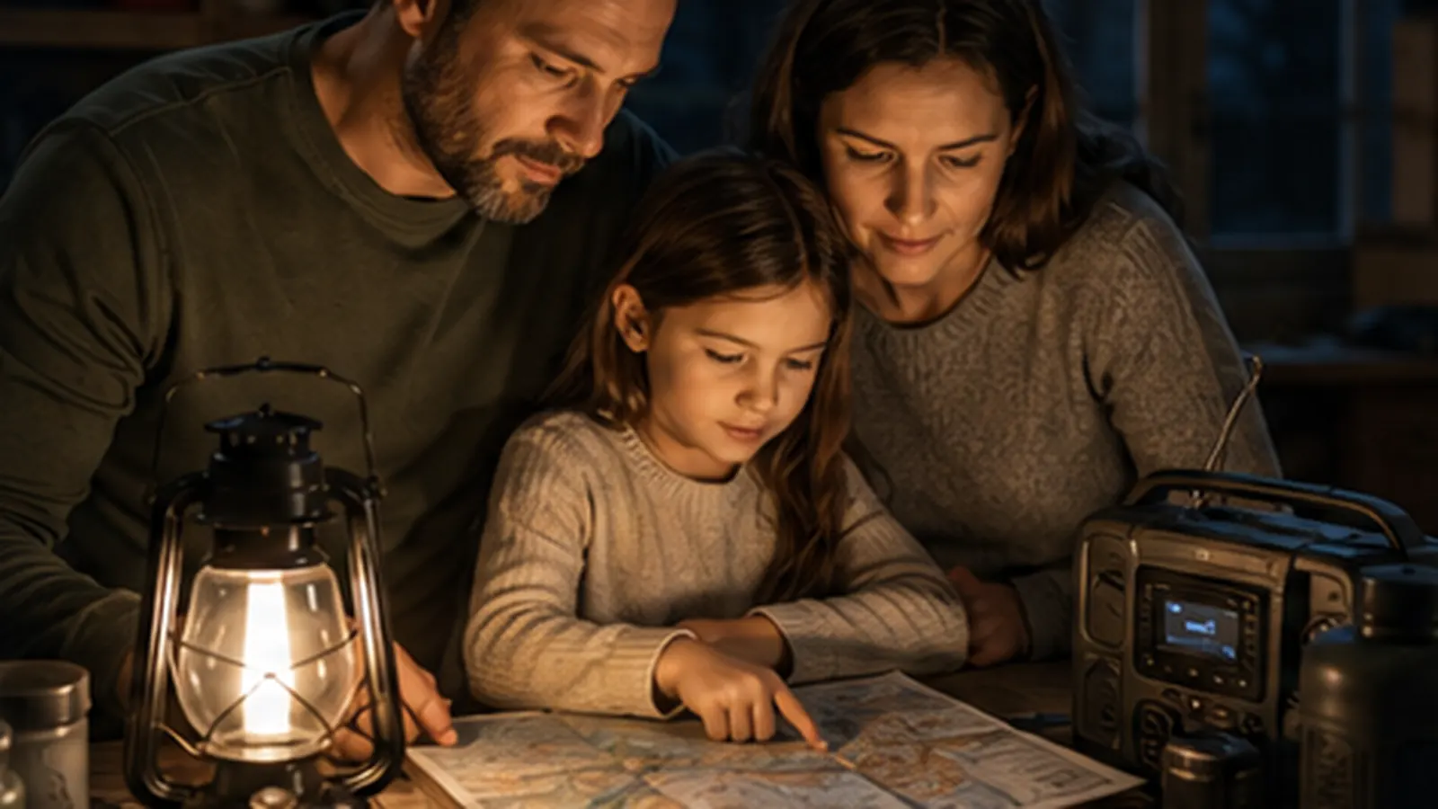 Family reviewing an emergency preparedness plan by lantern light