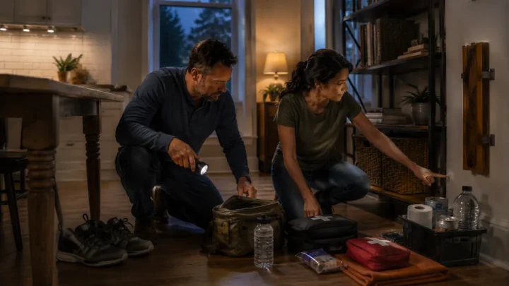 Couple checking emergency supplies and home storage as part of earthquake preparedness