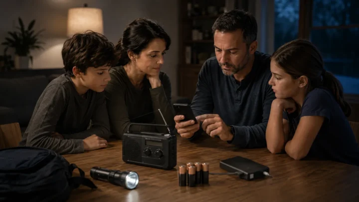 Family using a phone, emergency radio, flashlight and backup battery during a power outage
