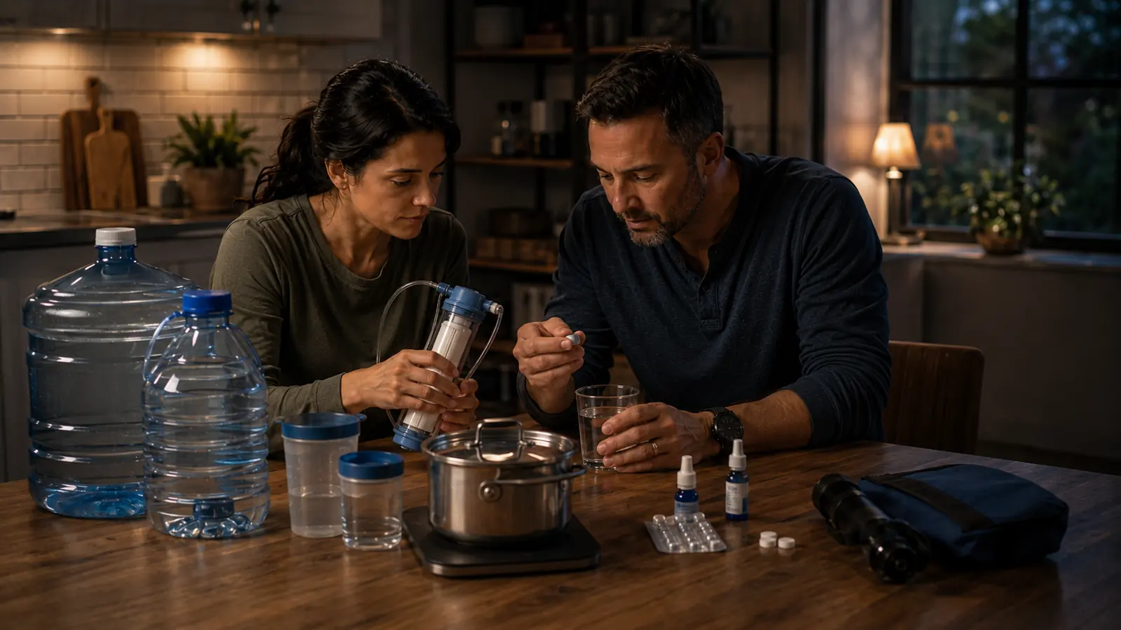 Couple comparing emergency water filtration, boiling and disinfection options at home