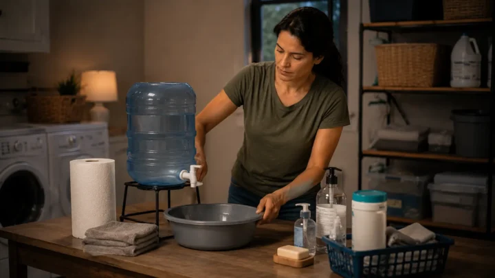 Woman organizing hand hygiene, towels and cleaning supplies for a water-service disruption