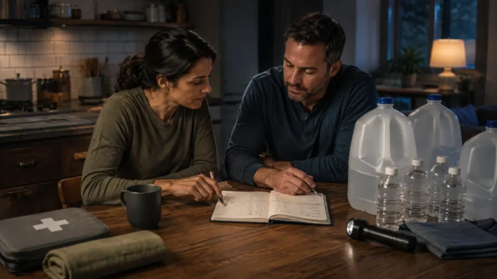 Couple planning how much emergency water to store at home