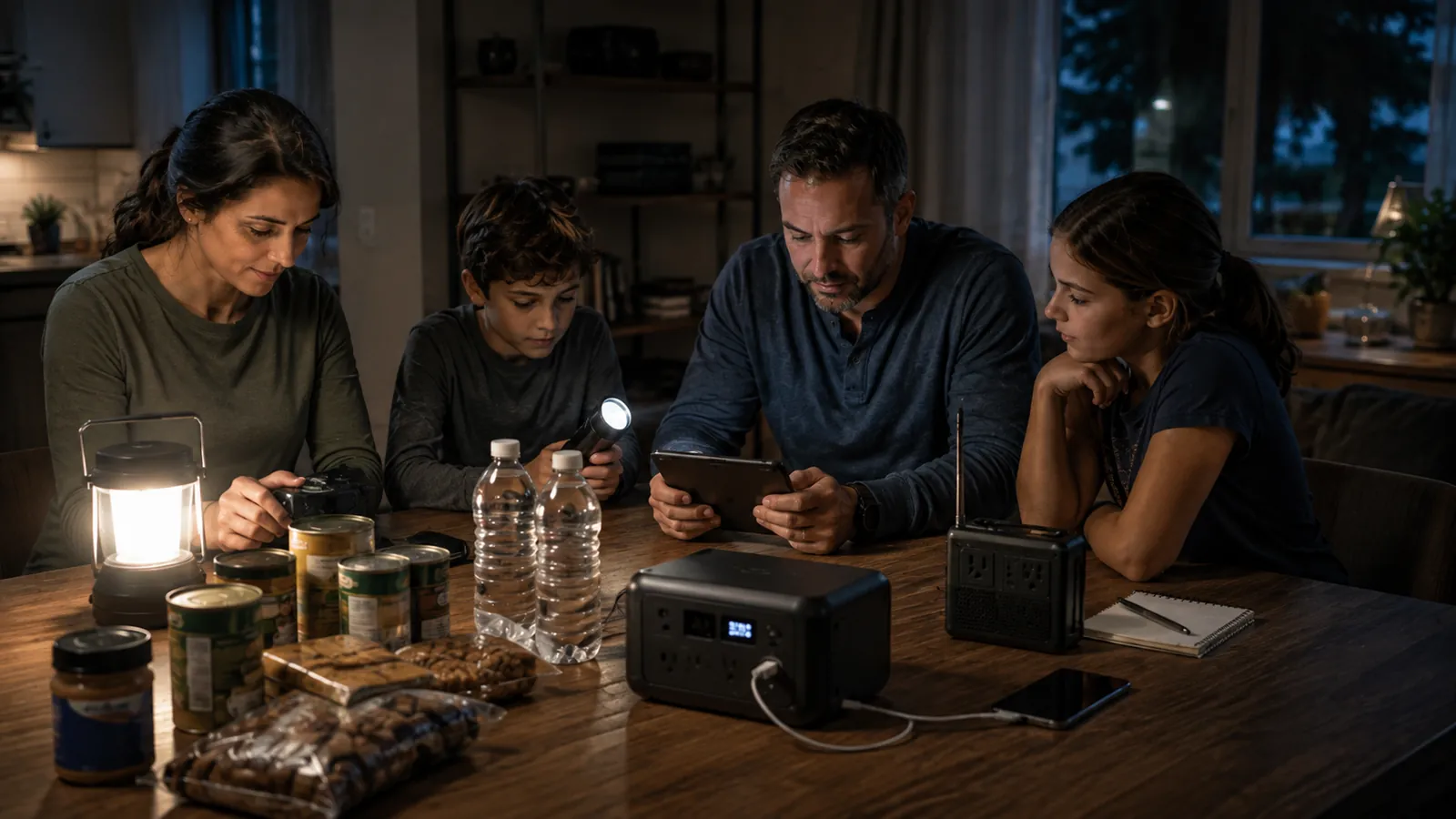 Family planning lighting, food, water and backup power for an outage