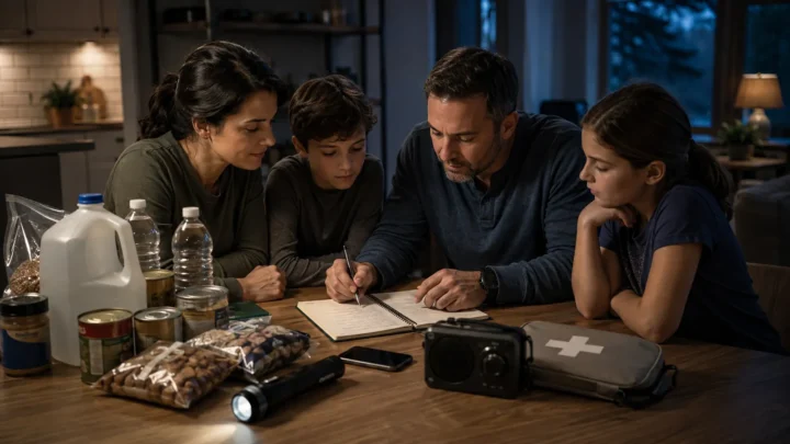 Family reviewing emergency supplies and a preparedness plan at home