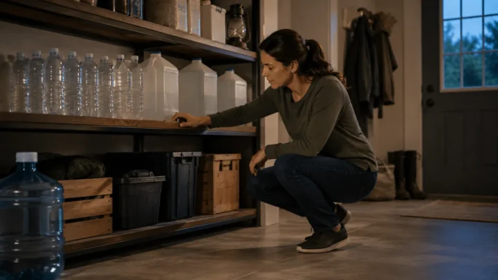 Woman checking bottles and containers in a household emergency water storage area