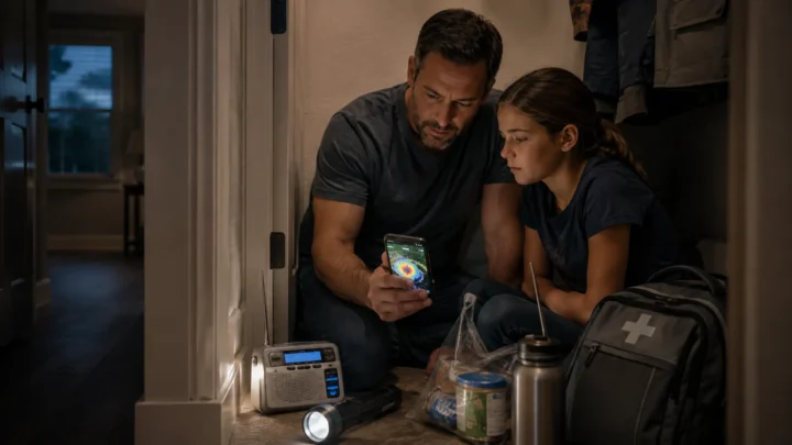 Parent and child reviewing a tornado warning beside an emergency radio and go bag