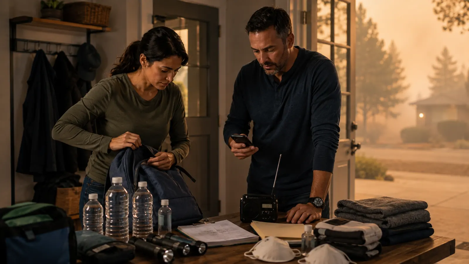 Couple organizing a go bag, water, radio and documents before a wildfire evacuation