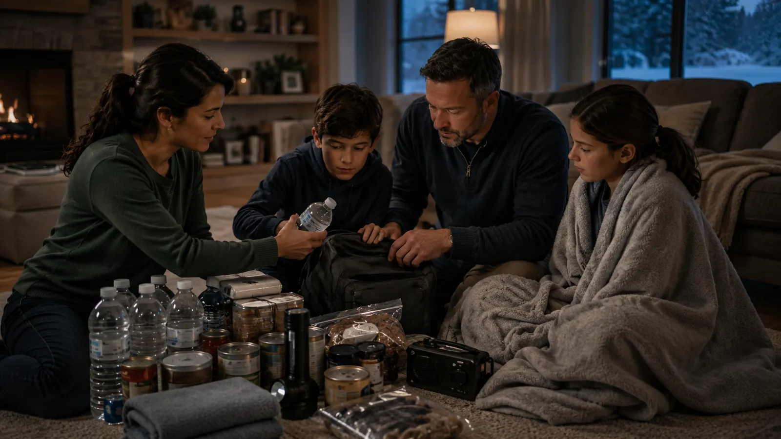 Family reviewing an organized emergency kit with first aid supplies
