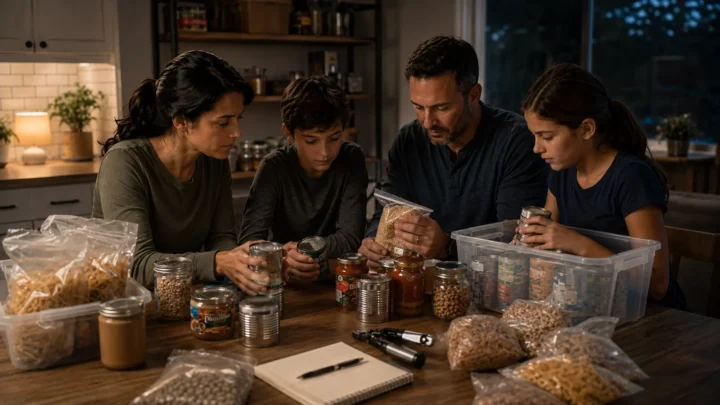 Family organizing a practical shelf-stable emergency food supply