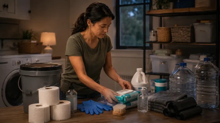 Household preparing toilet and hygiene supplies during a water outage