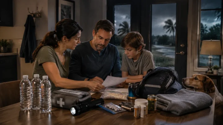 Family reviewing evacuation supplies and household emergency plans